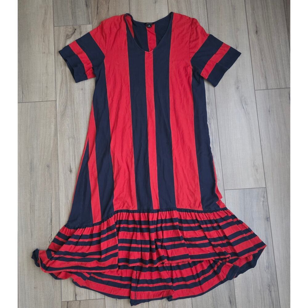 Monki Striped Navy/Red Short Sleeve Midi Cotton Dress Women Sz M - Picture 4 of 12